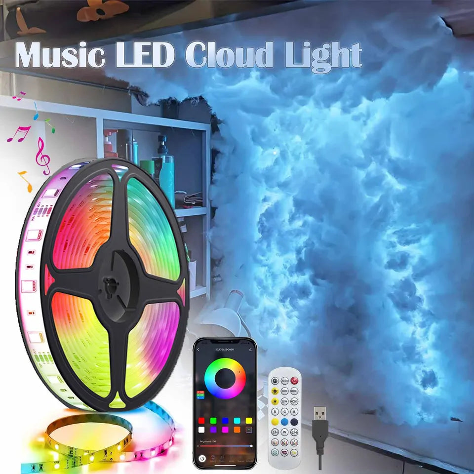 32ft LED 3D Lightning Cloud Light Bluetooth Voice Control Remote USB Plug Dimmable Mood Decorative Night Light for Game Room